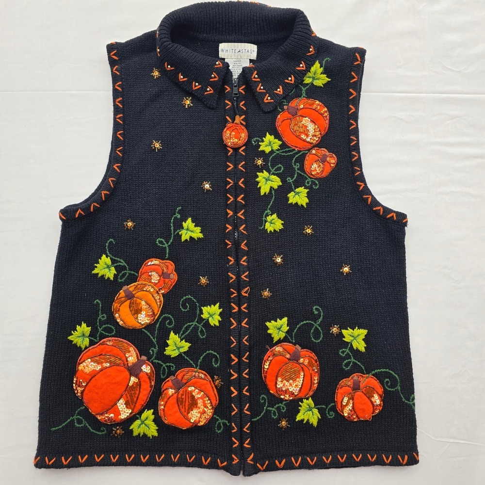 Vintage Embroidered Pumpkin Sweater Vest Womens M 8/10 Halloween Fall Grannycore